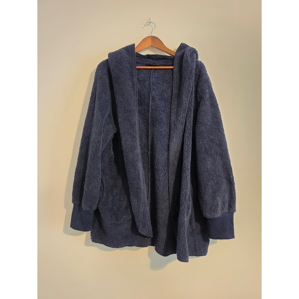 42POPS Cardigan Women XL Navy Blue Sherpa Fleece Hooded Oversized Coastal JK7640